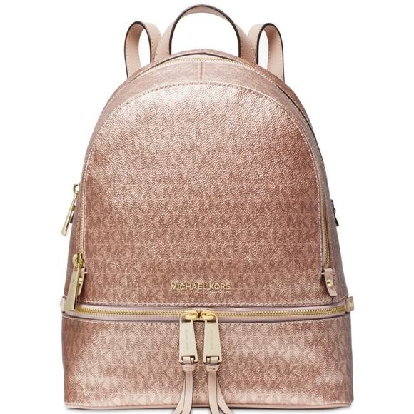Michael‎ Kors Rose Gold Pink
Trim Metallic Signature
Monogram Rhea Zip backpack - Picture 2 of 16